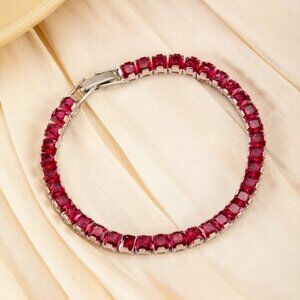 14K White Gold Womens Square 2ct Red Ruby Gemstone Tennis Bracelet Silver 7" 7in